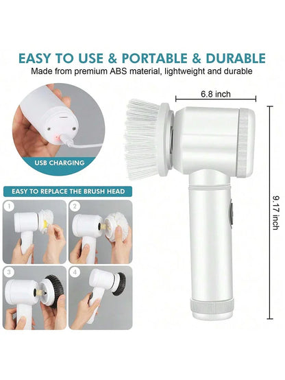 5 in 1 Electric Cleaning Brush Bathroom Kitchen Scrubber 5 Replaceable Brush Head Powerful Handheld Rechargeable Shower Scrubber