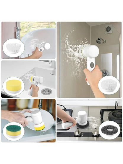 5 in 1 Electric Cleaning Brush Bathroom Kitchen Scrubber 5 Replaceable Brush Head Powerful Handheld Rechargeable Shower Scrubber